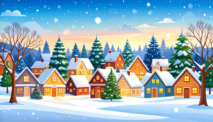 Fototapeta premium Winter Village Scene with Snowfall.