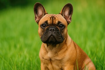 Portrait of a sable-colored bulldog with French features