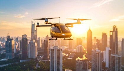 Future aerial taxi flying over a modern city during sunset, embodying urban transportation innovation