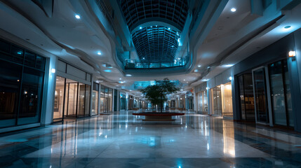 Fototapeta premium An empty mall at night lit by excessive lighting. Symbol of a major environmental problem caused by urban overconsumption waste. Abstract image.