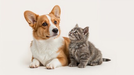 Obraz premium Adorable corgi and kitten duo posed on white surface