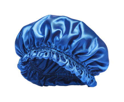 Wearing a blue satin shower cap home product, isolated on transparent background, png