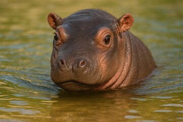 Fototapeta premium Intimate shot of a baby hippo in aquatic environment