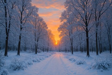 Obraz premium Tranquil evening at a snowy park as the sun sets