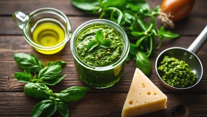 Preparing pesto sauce: a top-down view of essential ingredients with ample copy space