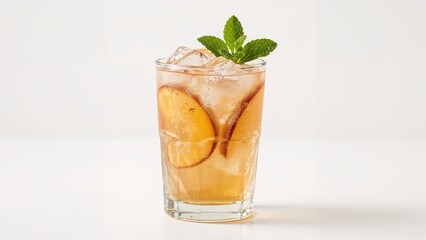 Fototapeta premium Cold Fruit Tea Blend Highlighting Peach and Plum Flavors with Mint Decoration on White