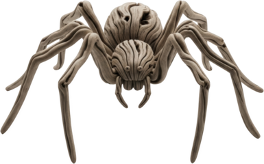 Intricate wooden sculpture of a tarantula with eight legs and detailed body segments isolated on black transparent background