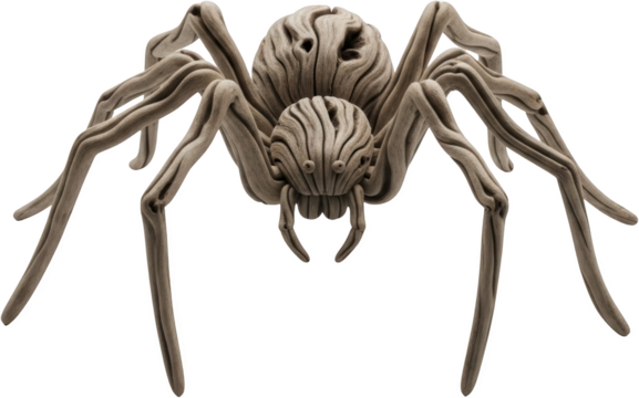 Intricate wooden sculpture of a tarantula with eight legs and detailed body segments isolated on black transparent background
