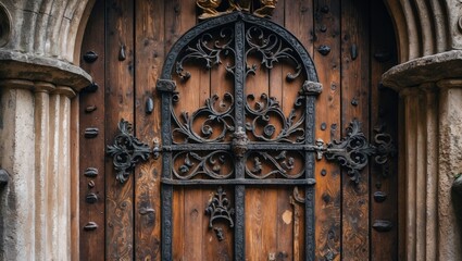 Decorative vintage wooden door of a church with detailed ornamentation
