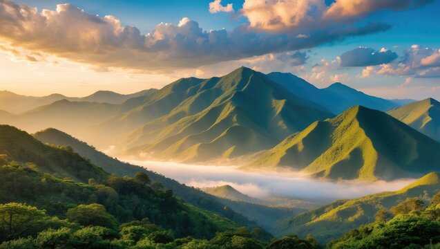Expansive Scene of Mountains Under a Blue Sky