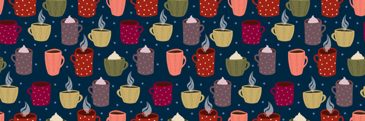 Seamless pattern of cozy hand drawn mugs in various colors on dark blue snowy background. Ideal for cozy winter textiles, digital paper, or backgrounds for holiday and beverage designs.