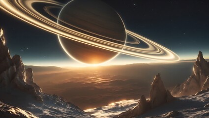 Alien planet landscape with saturn like rings and a distant sun
