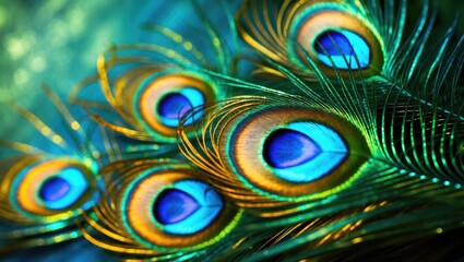 Detailed view of peacock feathers with a green background