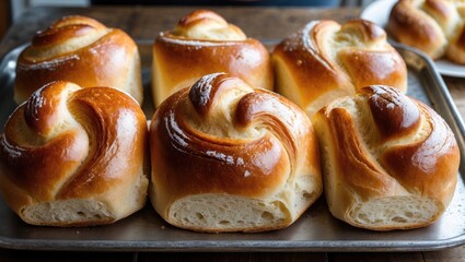 Delicious freshly baked brioche buns displayed on a metal platter