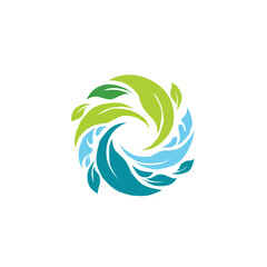 A dynamic circular design featuring leaves and water-like waves in green and blue. Represents harmony, sustainability, and the flow of nature.