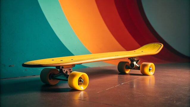 Vibrant Yellow Skateboard on a Retro Backdrop A Colorful Ride Awaits!