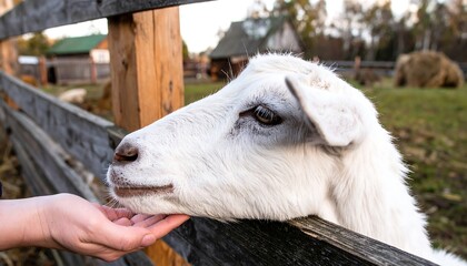 A white goat rests its chin on a wooden fence as a person gently pets it