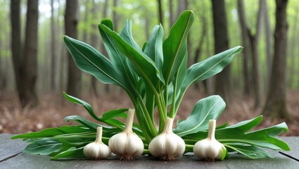 Natural spring harvest: Wild edible garlic leaves on a table