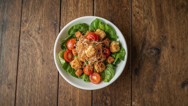 A white bowl filled with lettuce leaves, cherry tomatoes, croutons, and fish roe, seen from above on an old wooden background - Powered by Adobe