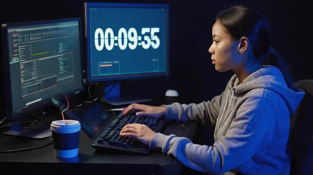 Young coder working intensively on programming task in dark room