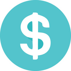 A bright white dollar sign symbol prominently displayed within a vibrant teal blue circular background representing finance and currency