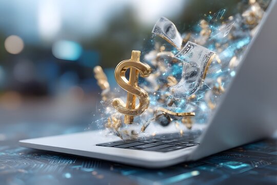 Digital money in the form of golden dollar symbols and paper currency flows from a laptop, showing online finance and electronic payments.
