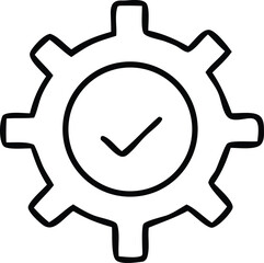 Simple outline of a gear with a checkmark inside representing successful operations or approved settings