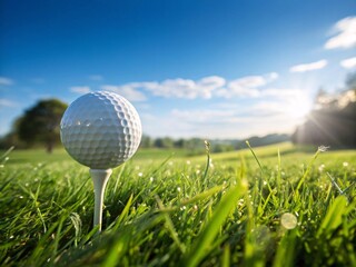 Obraz premium Golf Ball on Tee with Green Grass and Blue Sky