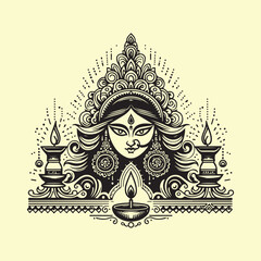 "Black and white Durga Puja banner vector with Goddess Durga face, decorative border, festival lamp, and festive typography for cultural posters and greeting cards."