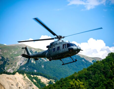 Military helicopter in flight over mountains