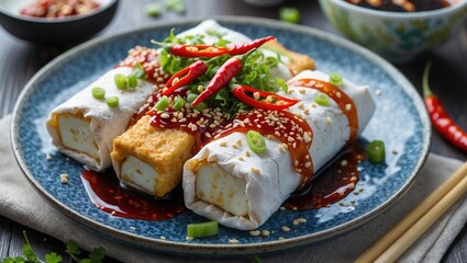 Golden fried tofu covered in seasoned coating and chili-infused soy sauce