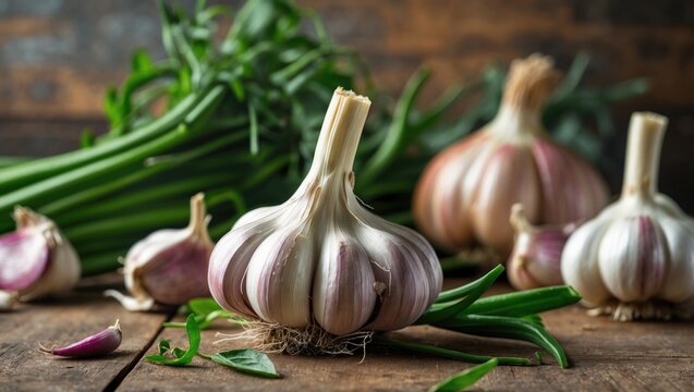 Freshly harvested garlic bulbs on a table surface