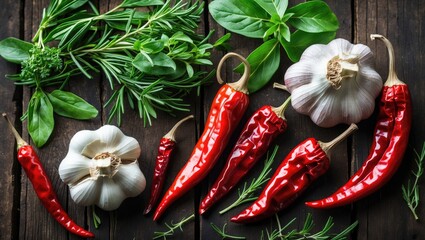 A selection of aromatic herbs, garlic, and fiery chili peppers paired with traditional regional dishes on aged wood backdrop