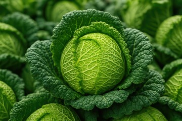 Fototapeta premium Market scene featuring fresh savoy cabbage in focus, background blurred