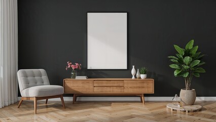 Interior of a modern lounge area with a vacant vertical picture frame against a black backdrop, including space for a poster, a console table, and a chair