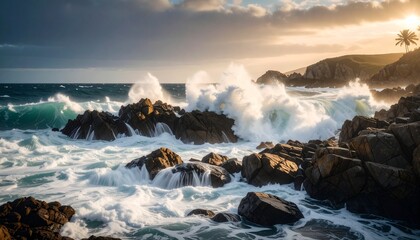 Fototapeta premium Dramatic ocean waves crashing against rocky shores under a golden sunset sky, evoking a sense of raw natural power and beauty