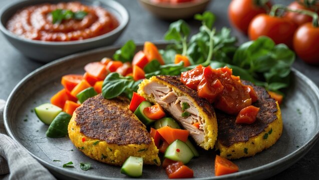 Enjoy a tasty rissole filled with vegetables, chicken, and a hint of tomato sauce