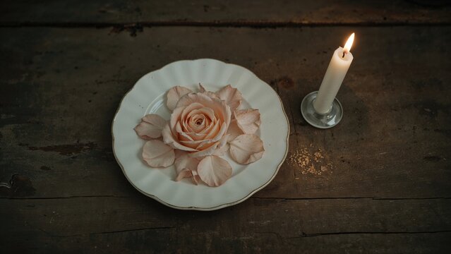 Rustic wooden table featuring a rose flower plate alongside a glowing candle