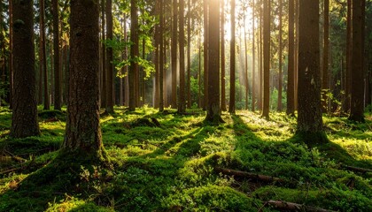 Sunbeams filtering through a lush green forest floor, casting long shadows on the mossy ground in a tranquil woodland setting