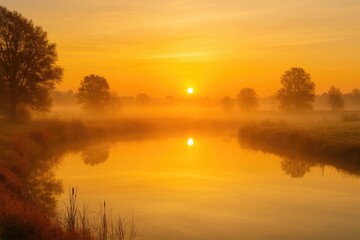 Fototapeta premium Morning light illuminates a fog-covered pond in the countryside