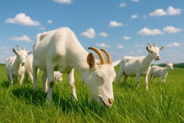Fototapeta premium Sunlit summer day with goats munching on grass at a farm