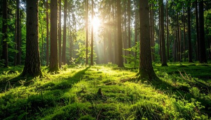 Obraz premium Golden sun rays pierce through the dense canopy of an ancient forest, bathing the lush, mossy floor in a vibrant, ethereal glow, evoking a feeling of tranquility and profound natural beauty