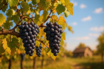 Vineyard Scene with Fresh Grapes During Fall Sunshine