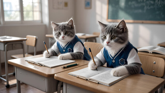 Two kittens study at school lesson.