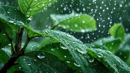 Raindrops settling on plant leaves