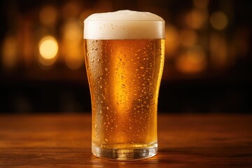 A refreshing beer glass showing water droplets on the surface