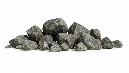 Different types of granite boulders and stones with multiple colors and sizes isolated on white