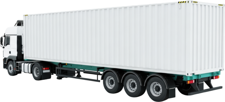 White semi truck with a long white shipping container rear view of trailer and wheels transportation transparent background