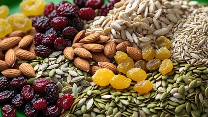 Obraz premium Assorted snack blend featuring almonds, dried cranberries, yellow raisins, pumpkin seeds, and sunflower seeds