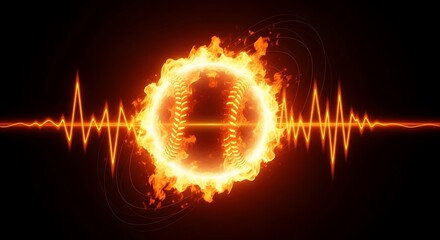 Fiery Baseball with Glowing Pulse Lines on a Dark, Dramatic Background